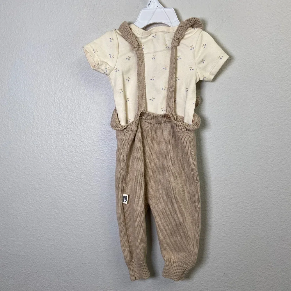 Rabbit + Bear Girls 3-6M Tan Knit Romper Bodysuit Set NEW Organic Cotton Cherry
